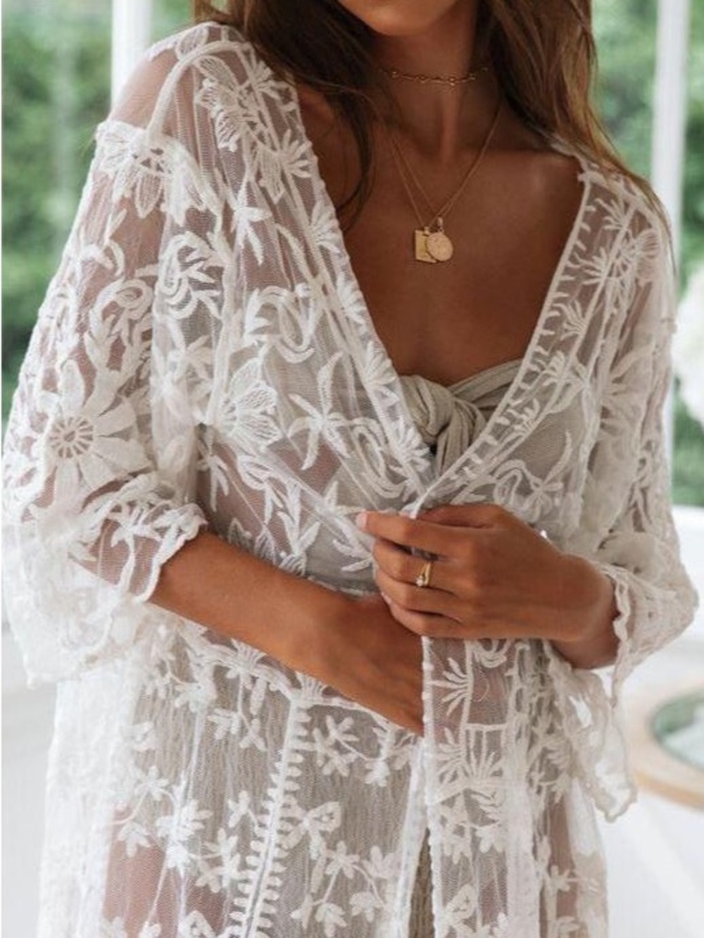 White boho mesh Sheer Embroidered Cover-Up - Picture 5 of 6